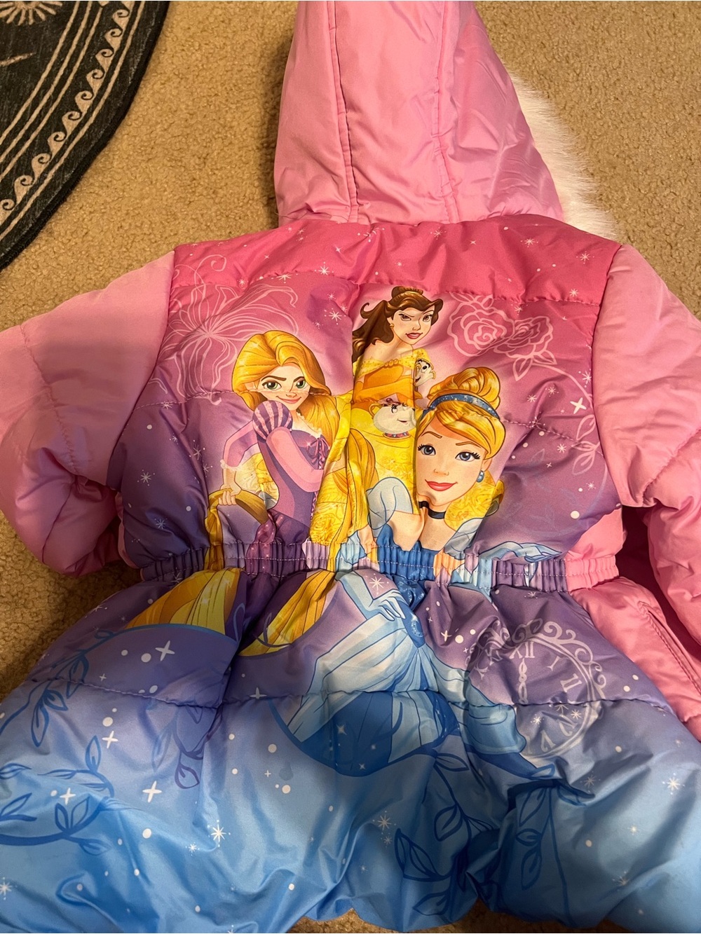 Kids Pink and Purple Disney Princess Hooded Winter Jacket with faux fur hood